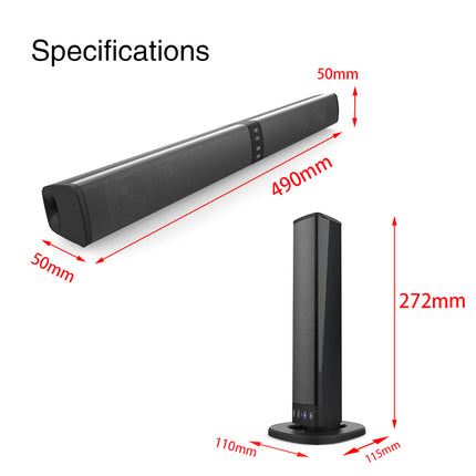 Soundbar and tower speakers with dimensions labeled on a white background