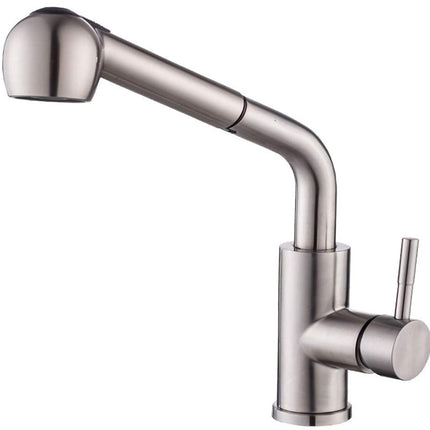 Stainless steel kitchen faucet on a white background