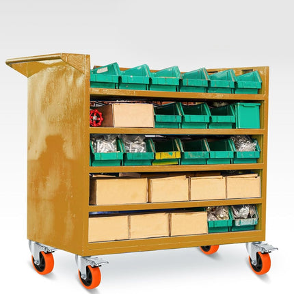 Yellow storage cart with green and beige bins on a white background