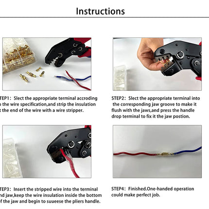 Step-by-step instructions for using a wire terminal crimping tool with images and text.