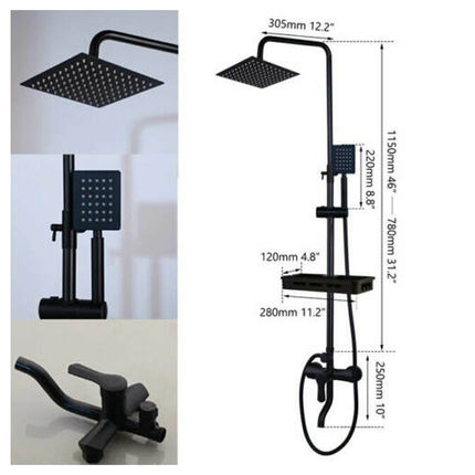 Black shower set with dimensions displayed