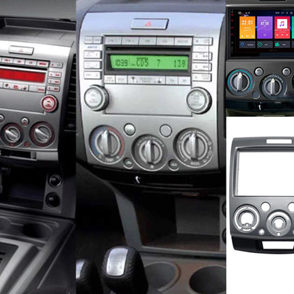 Collage of car dashboard with different radio and navigation systems.