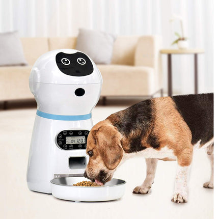 Dog eating from a bowl next to a white robot-like device in a living room.