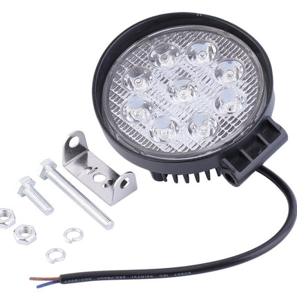 Round LED work light with mounting hardware on a white background