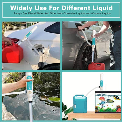 A collage showing a handheld liquid transfer pump being used to transfer fuel, water, and other liquids into a car, outdoors near a pond, and into an aquarium tank. A teal header at the top reads 'Widely Use For Different Liquid' with smaller text listing gasoline, diesel, water, and other non-corrosive liquids.