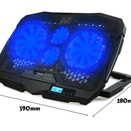 Black laptop cooling pad with blue LED lights and measurements on a white background