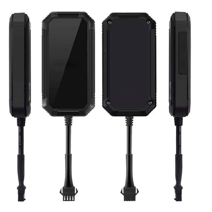 A black electronic device shown from four angles against a white background, featuring a rugged rectangular body with a glossy black front panel and attached cable.