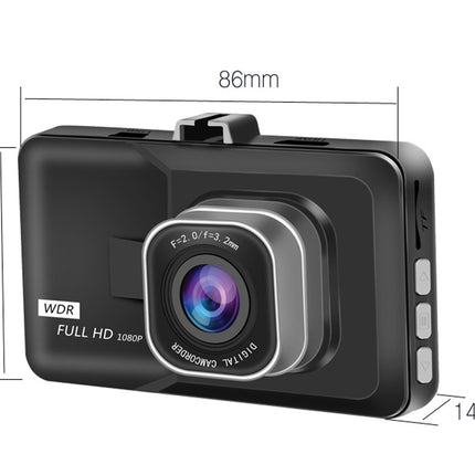 Car dashboard camera with dimensions labeled on a white background