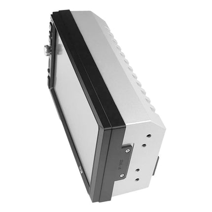 Rectangular metal box with black and silver finish on a white background