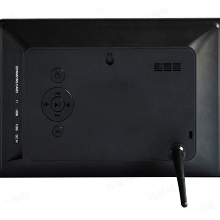 Black digital picture frame back view showing control buttons, port labels, and an external antenna on a white background.