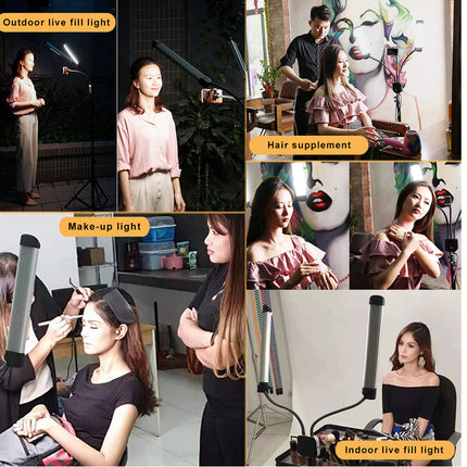 A collage of six photos demonstrating different lighting setups for portrait photography, including outdoor fill light, hair supplement, make-up light, and indoor live fill light, with some panels showing models and others showing the light fixtures in use.