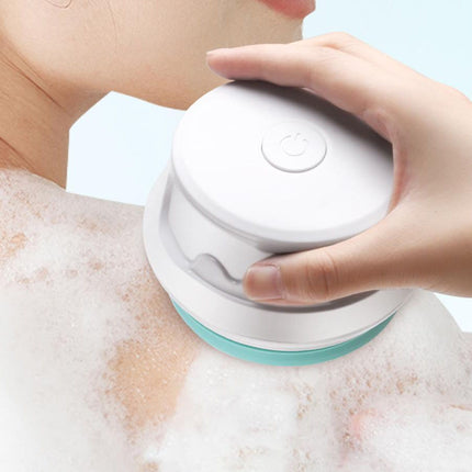 Hand using a white and blue handheld device on a soapy surface