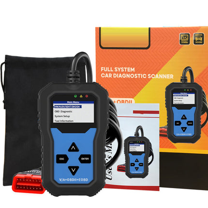 Car diagnostic scanner with packaging and accessories on a white background