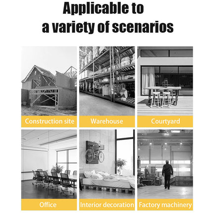 Collage of various indoor settings including a construction site, warehouse, courtyard, office, interior decoration, and factory machinery with text 'Applicable to a variety of scenarios'.