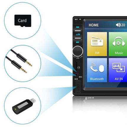 Car multimedia player with touchscreen display and connectivity options on a white background