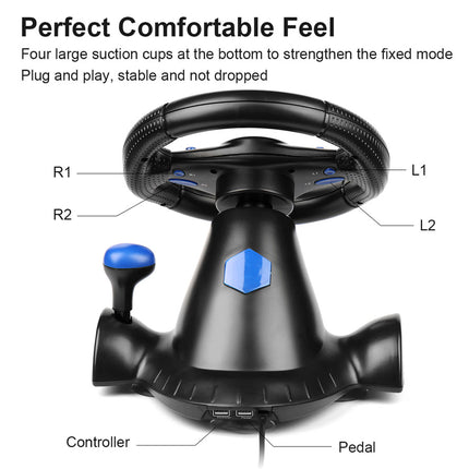 Black steering wheel and pedals with labeled parts on a white background