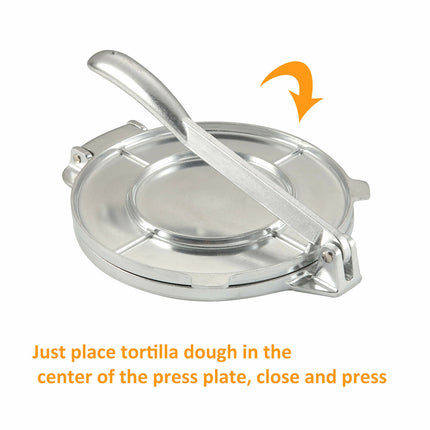 Metal tortilla press with instructions on a white background