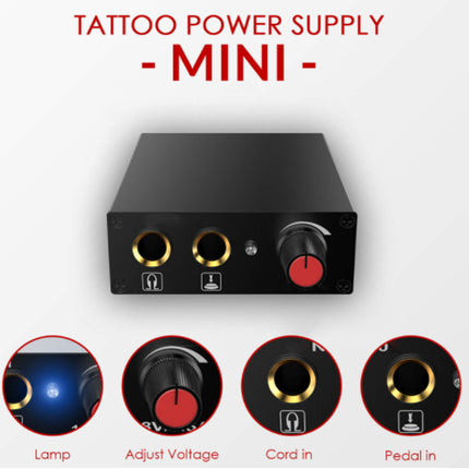 Tattoo power supply mini with control knobs and indicator lights on a white background