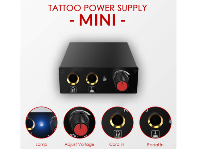 Tattoo power supply mini with control knobs and indicator lights on a white background