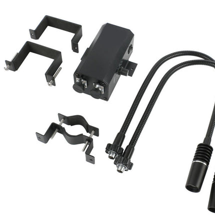 Mechanical components including a black metal bracket, wiring harness, and connectors on a white background.