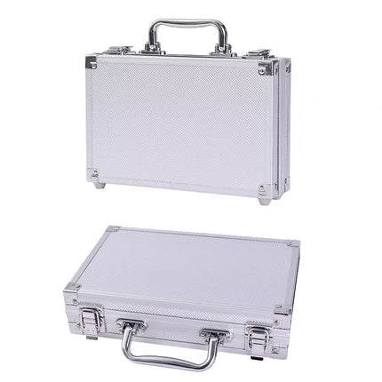 Silver metallic briefcase with textured surface on a white background