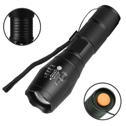 Black flashlight with zoomable lens and multiple buttons on a white background