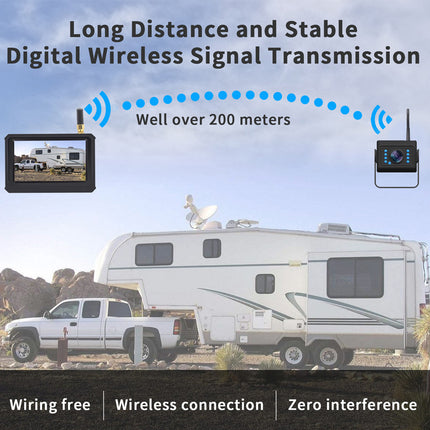 Wireless signal transmission system for RVs with a truck and trailer in the background.