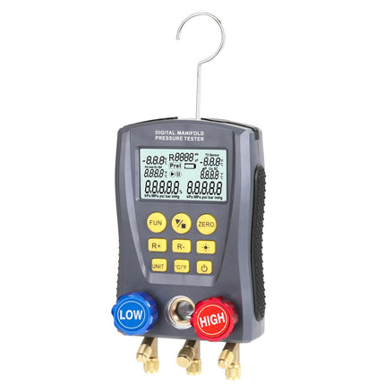 Digital manifold pressure tester with digital display on a white background