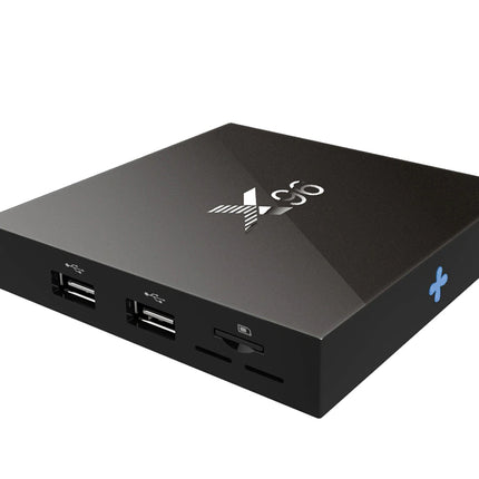A black rectangular electronic device with multiple USB ports on the front, a power button, and a small blue logo on the side, shown on a plain white background.