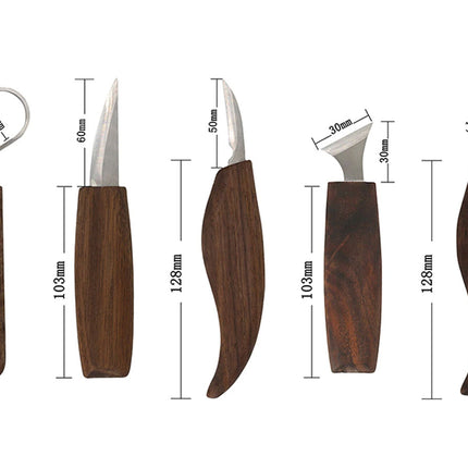 Five hand tools with dark wood handles and silver metal heads are shown on a white background, each with dimension lines and measurements printed beside it.