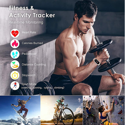 Fitness and activity tracker promotional graphic showing a shirtless man lifting a dumbbell, with on-screen activity metrics including heart rate, calories burned, pedometer steps, distance counting, stopwatch, and sport mode. Smaller action photos along the bottom depict skiing, cycling, climbing, and running.