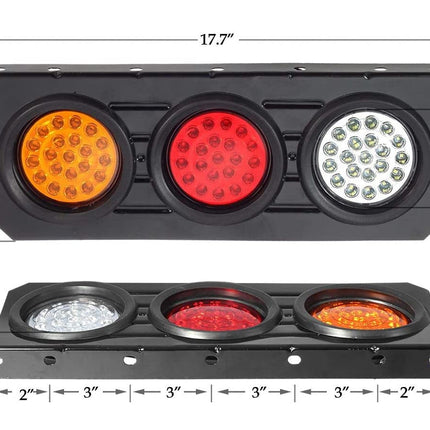 A black three-light trailer or vehicle signal light assembly shown from the front and side, with dimension annotations including 17.7 inches wide, 6.