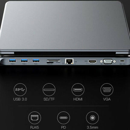 A slim silver laptop shown from the back, with multiple ports along the bottom edge and feature callouts below indicating USB 3.0, SD/TF, HDMI, VGA, RJ45, PD, and 3.