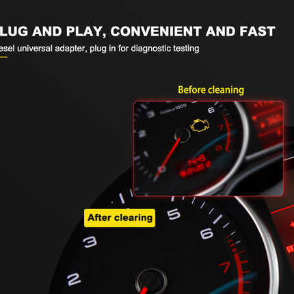 Car dashboard with diagnostic warning light before and after cleaning, featuring text about plug-and-play functionality.