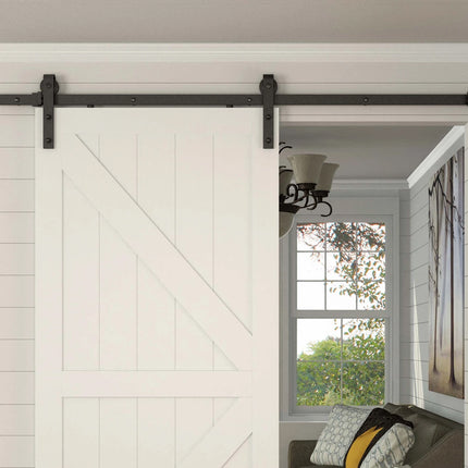 A white shiplap barn-style sliding door with a black metal track and hardware, shown in an open doorway within a bright room with a window and wall art.