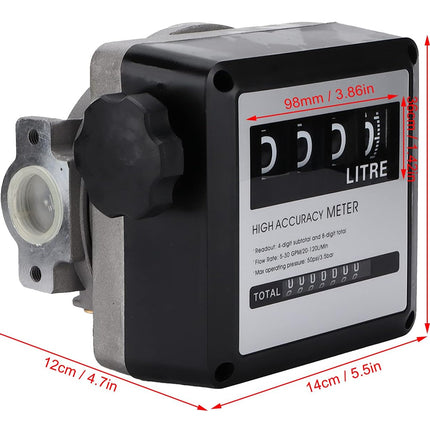 A high accuracy litre meter gas flow meter with red dimension lines and text overlays showing its measurements of 14cm, 12cm, and 98mm on a white background.