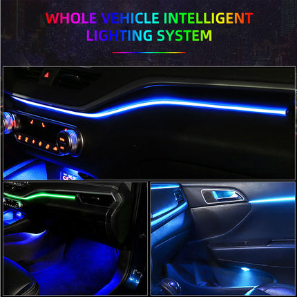 A collage showing a vehicle interior lighting system with blue LED ambient light strips and colored interior illumination. Large text at the top reads 'WHOLE VEHICLE INTELLIGENT LIGHTING SYSTEM.