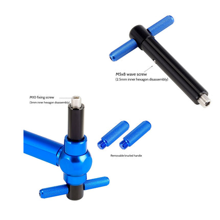 A bicycle hex key tool set with a blue anodized metal body, black inner hexagon assembly, and two blue textured handles, shown on a white background with labeled callouts.