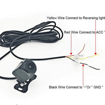 A rear-view camera cable assembly with a black housing and attached wire harness, shown on a white background with red arrows and text labels pointing to the yellow, red, and black wires for connection instructions.