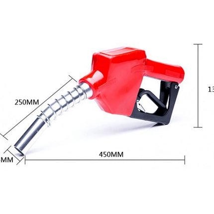 Red fuel nozzle with measurements on a white background