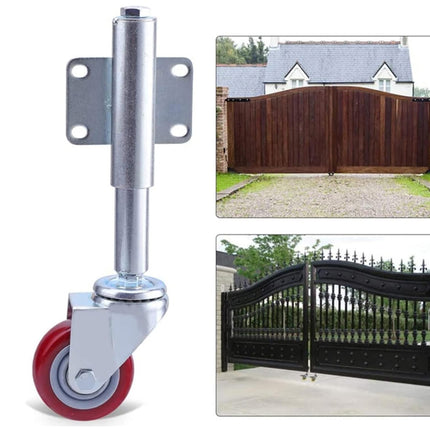 Metal gate support with wheels on a white background, showing images of gates in the corners.