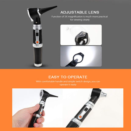 An otoscope examination tool shown on a split gray and orange promotional graphic with text callouts about adjustable lens and easy operation, plus two inset close-up views and a hand holding the device.