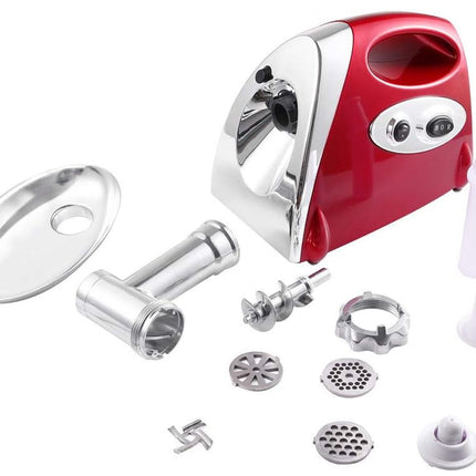Red and silver meat grinder with attachments on a white background