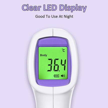 Digital thermometer with clear LED display on a purple background