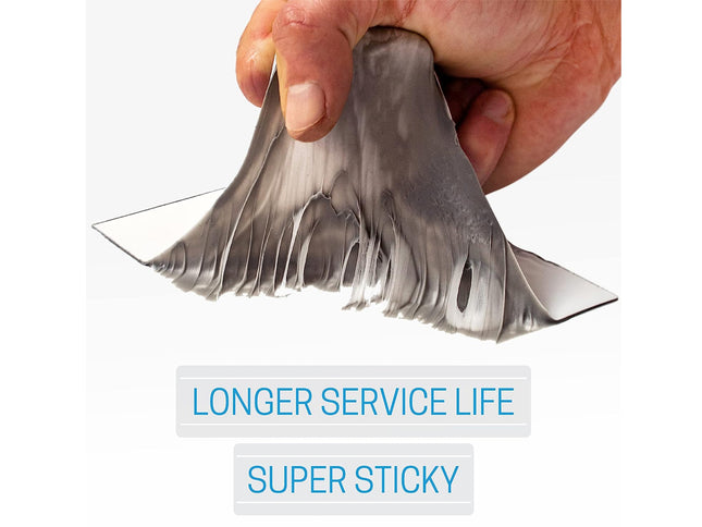 Hand holding a metallic shark fin with text 'Longer Service Life' and 'Super Sticky' on a white background