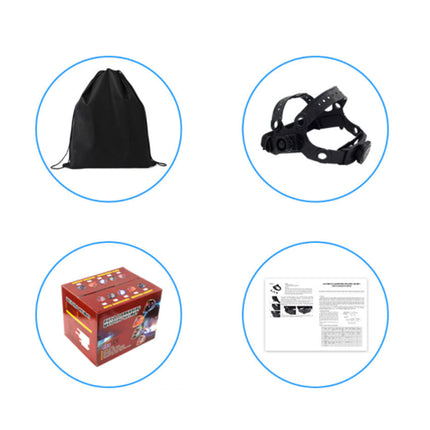 Four product images with a black drawstring bag, headlamp, firecrackers box, and paper document on a white background.