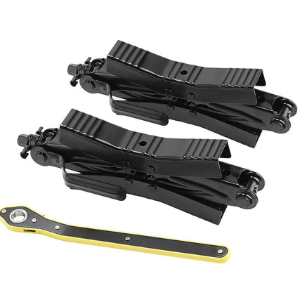 Two black scissor-style lifting jacks with a yellow and black wrench, shown on a plain white background.