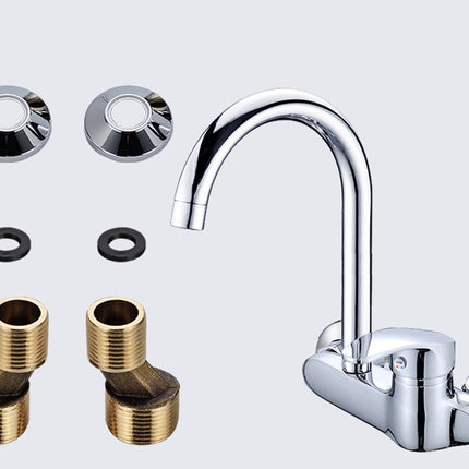 Chrome kitchen faucet with brass connectors on a white background