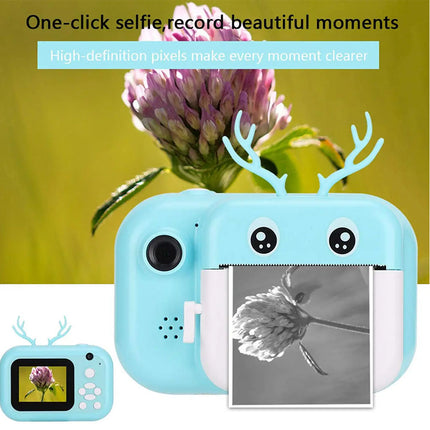 Blue camera with deer antlers on a white background, displaying a flower photo.
