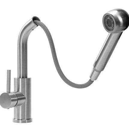 Stainless steel kitchen faucet with flexible hose and spray head on a white background